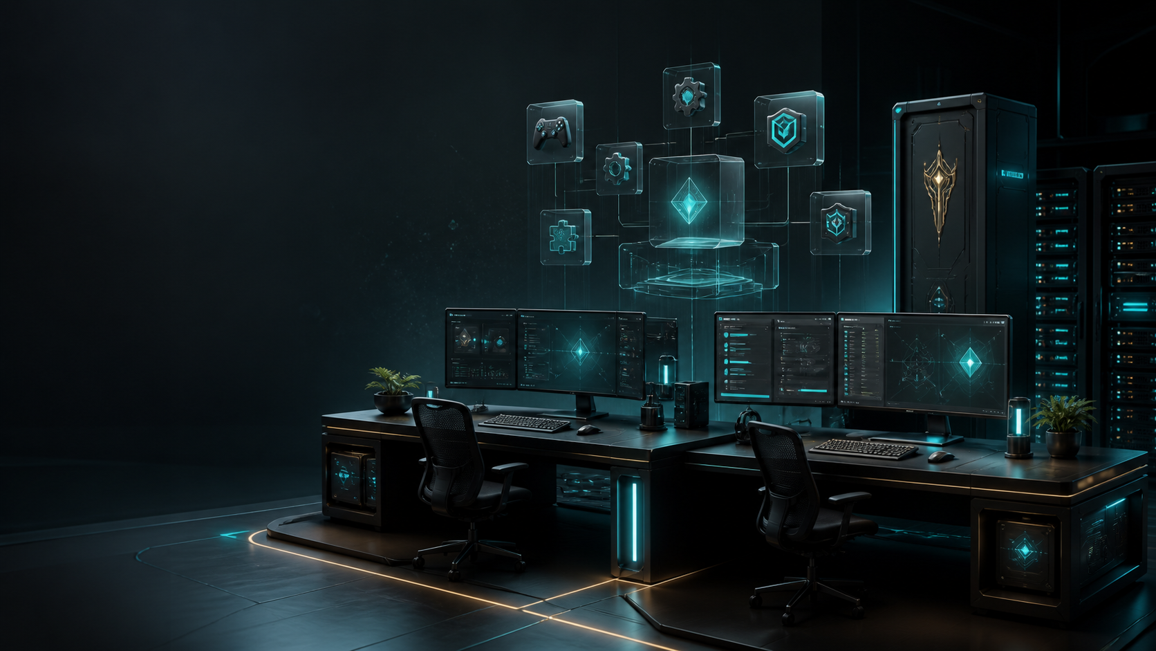 Professionelles DuoNerds Tech-Studio mit Servern und Game-Service-Dashboards
